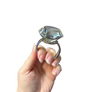 Large Glass Faux Diamond Ring Paperweight Wedding Decor Or Napkin Ring Silver